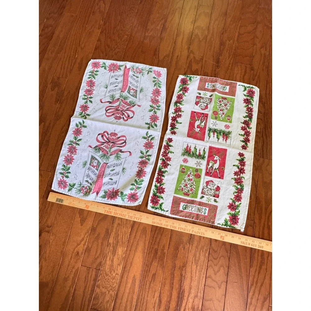 2 Vintage Stamped Linen Christmas Tea Towels Santa Reindeer Tree Greetings Music